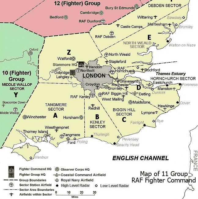 Historical map of RAF Fighter Command's 11 Group, showing its sector boundaries, sector airfields and Group headquarters at Uxbridge, alongside neighbouring 10 and 12 Group